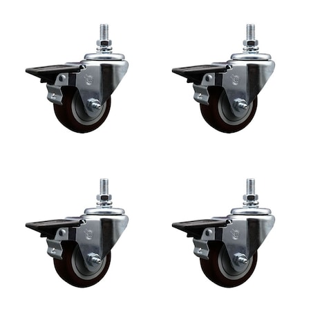 Service Caster 3 Inch Maroon Polyurethane 12 Inch Threaded Stem Caster Set with Brake SCC-TS20S314-PPUB-MRN-PLB-121315-4